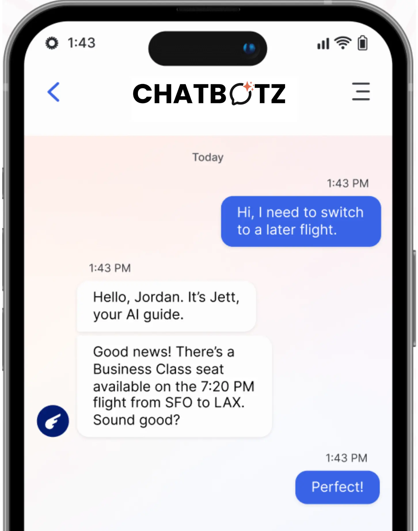 Chatbotz AI chatbot interface displayed on mobile phone showing conversation flow